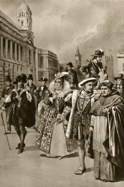 Calles de Londres: Rey Carlos I, Reina Isabel I, Rey Enrique VIII, Cardenal Wolsey (litografía) de Edward Frederick Skinner