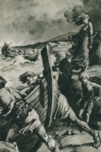 Los vikingos que zarparon de los fiordos de Noruega y encontraron América mucho antes que Colón (litografía) de Edward Frederick Skinner