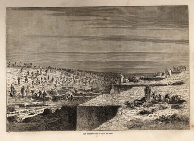 Una trinchera en el Canal de Suez, dibujo de Grenet, para ilustrar una excursión al Canal de Suez en 1862 por Paul Merruau. Grabado en "Le tour du monde", editado por Edouard Charton de Edward Grenet