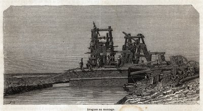 Dragas en el Canal de Suez, dibujo de Grenet, para ilustrar una excursión al Canal de Suez en 1862 por Paul Merruau. Grabado en "Le tour du monde", editado por Edouard Charton de Edward Grenet
