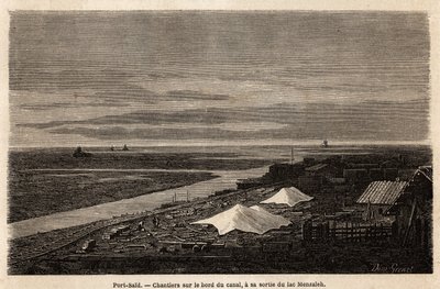 Astilleros de Port Said, en el borde del Canal de Suez, a su salida del Lago Menzaleh, dibujo de Grenet, para ilustrar una excursión al Canal de Suez, en 1862, por Paul Merruau. Grabado en "Le tour du monde", editado por Edouard Charton de Edward Grenet