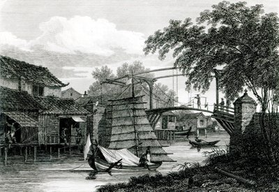 Puente levadizo en Malaca, grabado por George Cooke de Edward Hawke Locker