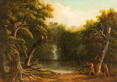 Nativos americanos disparando al jaguar en un árbol de Edward Hicks