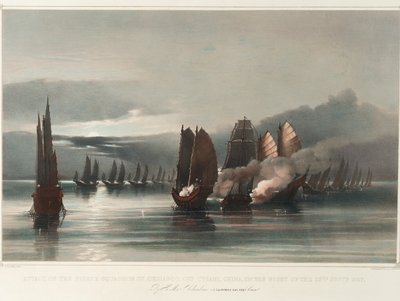 Ataque a la escuadra pirata de Chuiapoo, frente a Tysami, China, la noche del 28 de septiembre de 1849 por el HMS Columbine, J C Dalrymple Hay, Esqr, Commr, c.1849 (grabado, litografía, coloreado) de Edward Hodges Cree