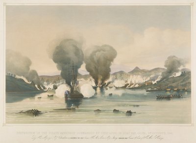 Destrucción de la escuadra pirata comandada por Chui Apoo, en la bahía de Byas (China). de Edward Hodges Cree