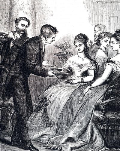 Grabado que representa a un caballero entregando a una dama un plato de gelatina en una cena de Edward Hughes