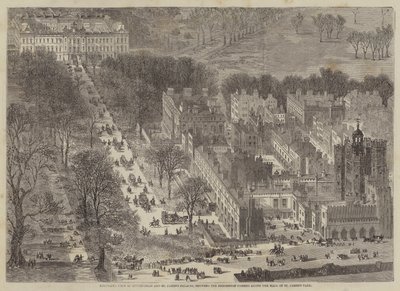 Vista aérea de Buckingham y los palacios de St James, mostrando la procesión pasando de Edward Hull
