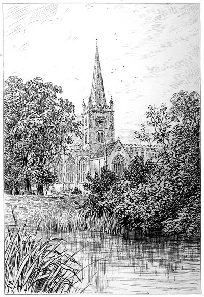 Iglesia de Stratford vista desde el río, Stratford-upon-Avon, Warwickshire, 1885 de Edward Hull