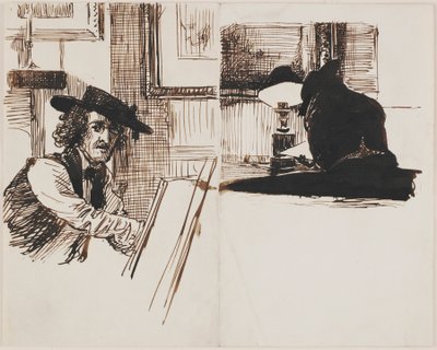 Whistler dibujando a Poynter, vista trasera de un hombre sentado en una mesa cerca de una lámpara encendida de Edward John Poynter
