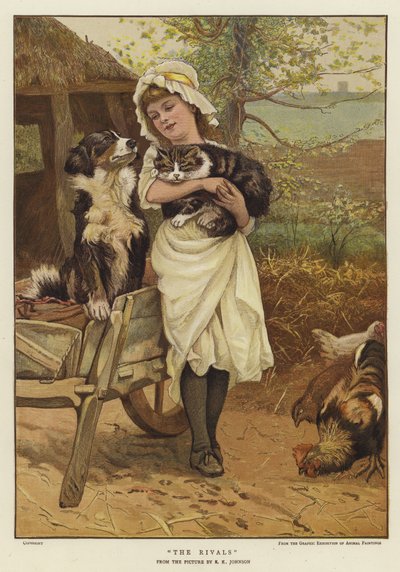 Una niña sosteniendo un gato en sus brazos junto a un perro de Edward Killingworth Johnson