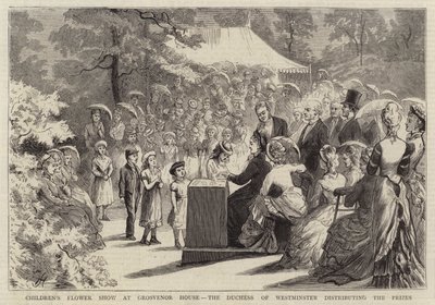 Exposición de flores para niños en Grosvenor House, la Duquesa de Westminster distribuyendo los premios de Edward Killingworth Johnson