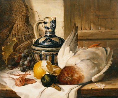 Un ánade real, una jarra, un limón pelado, uvas y camarones en un borde cubierto de Edward Ladell