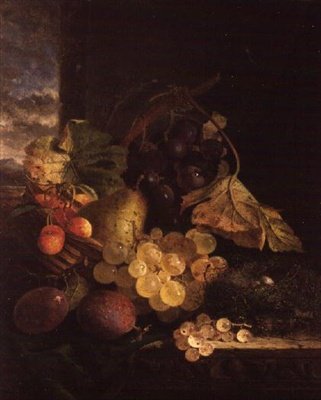 Naturaleza muerta con una cesta de frutas y un nido de pájaros en un estante de madera de Edward Ladell
