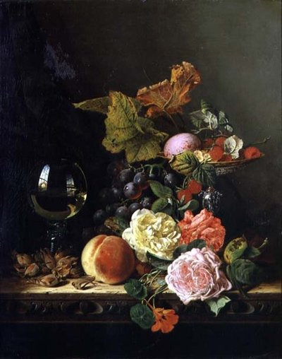 Una copa de vino, uvas, nueces y rosas en un estante de Edward Ladell