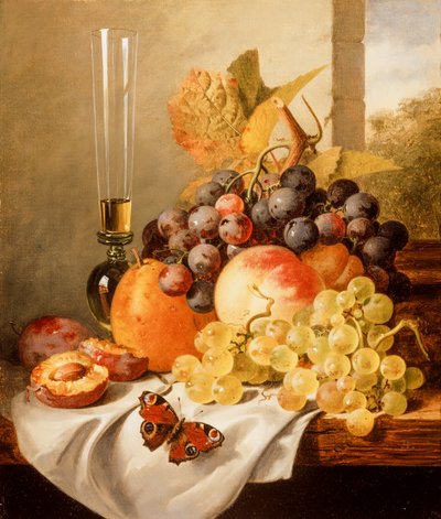 Fruta en una repisa drapeada con un almirante rojo (óleo sobre lienzo) de Edward Ladell
