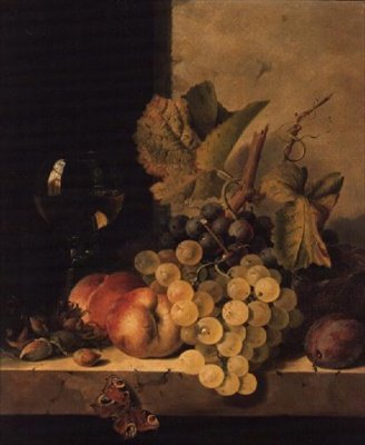 Uvas, duraznos y una copa de vino en un borde de Edward Ladell
