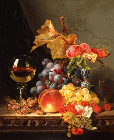 Uvas, ciruelas, grosellas blancas, fresas con vino en una repisa de madera (óleo sobre lienzo) de Edward Ladell