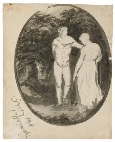 Una pareja en un paisaje boscoso en un óvalo (verso), c. 1838-1848 de Edward Lear