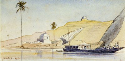 Una gran fellucca egipcia en el Nilo (Egipto), frente a las escarpadas orillas, con una palmera y dos morabitos blancos, que acentúan el aspecto desértico del paisaje. de Edward Lear