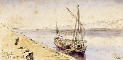 Barco tradicional egipcio atracando en una orilla del Nilo, cerca de Esneh (Egipto). Dibujo en acuarela coloreada de Edward Lear