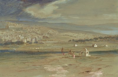 Vista de la ciudad de Hebrón con camellos y figuras en primer plano de Edward Lear