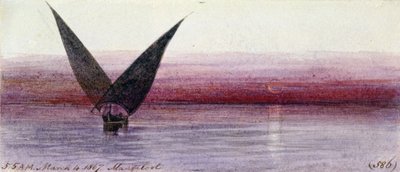 Un barco egipcio en el Nilo, en Manfaloot (Egipto). Dibujo en acuarela coloreada de Edward Lear