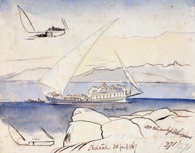 Un dhow egipcio en el Nilo, cerca de Shetaal (Egipto). Dibujo en acuarela coloreada de Edward Lear