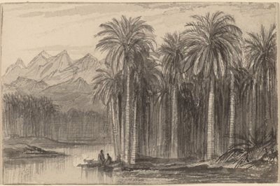 Figuras partiendo en canoas desde un bosque de palmeras Wady Feiran de Edward Lear