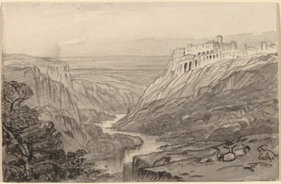 Cabras descansando sobre un desfiladero del río (Narni, Italia) de Edward Lear