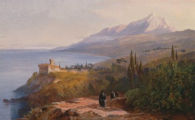 Monte Athos y el Monasterio de Stavronikétes, 1857 de Edward Lear