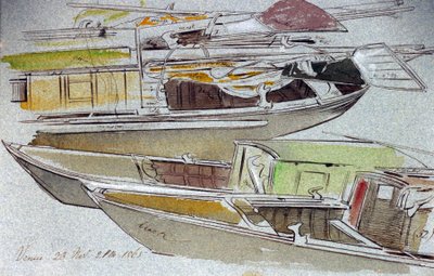 Estudios de barcos venecianos amarrados. Dibujo en acuarela coloreada, por Edward Lear (1812-1888). de Edward Lear