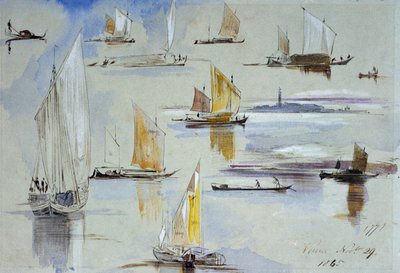 Estudios de barcos venecianos, con anotaciones. Pintura de Edward Lear (1812-1888) de Edward Lear