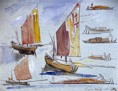 Estudios de barcos venecianos, a toda vela y amarrados. Dibujo en acuarela coloreada, de Edward Lear (1812-1888). de Edward Lear