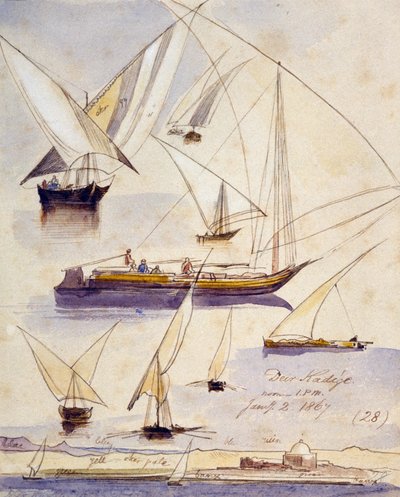Estudios de varios barcos egipcios (incluidos dahabeeyahs y gyassis) cerca de Deir KAdige (Egipto) representados en un tramo tranquilo y, en la parte inferior de la página, una vista de las orillas del Nilo con una mezquita. de Edward Lear