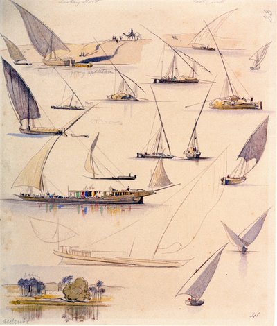 Estudios de varios barcos egipcios. Dibujo en acuarela coloreada de Edward Lear