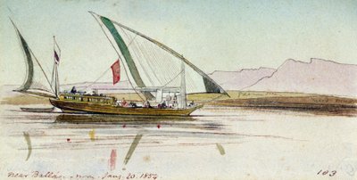 Estudio de gyassi (barca egipcia), en el Nilo, cerca de Ballas (Egipto). Dibujo en acuarela coloreada de Edward Lear