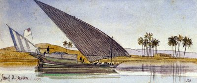Las orillas del Nilo (Egipto), al paso de un gran gyassi. Dibujo en acuarela coloreada de Edward Lear