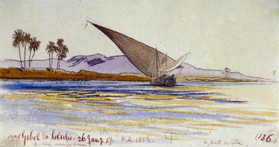 Las orillas del Nilo (Egipto), con palmeras y gyassi frente a la orilla, cerca de Gebel el Silsileh. Dibujo en acuarela coloreada de Edward Lear