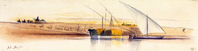 Las orillas del Nilo (Egipto), con tres gitanas, dos de ellas muy cargadas de paja, al fondo, personajes y animales representados bajo el sol poniente. de Edward Lear