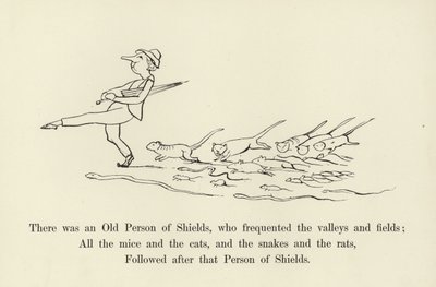 Había una persona mayor de Shields, que frecuentaba los valles y campos de Edward Lear