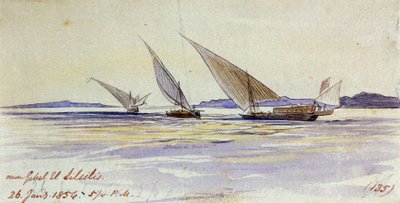 Tres barcos de transporte tradicionales egipcios, navegando por el Nilo, cerca de Gebel el-Silsila o Gebel Silsileh (Egipto) de Edward Lear