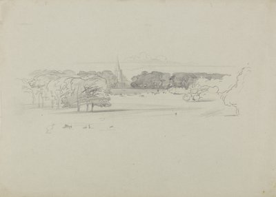 Vista de una iglesia al otro lado de un prado de Edward Lear