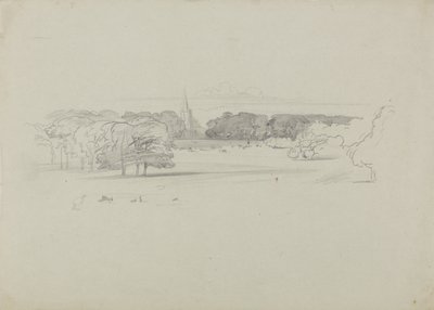 Vista a través de un prado hasta una iglesia de Edward Lear