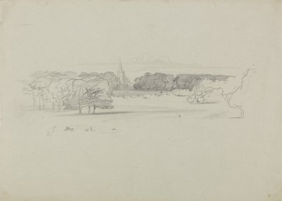 Vista a través de un prado hacia una iglesia de Edward Lear