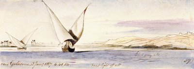 Vista del Nilo cerca de Golosona (Egipto), con una barca tradicional egipcia navegando. Dibujo en acuarela coloreada de Edward Lear