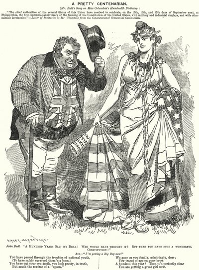 Caricatura de Punch: Una bonita centenaria - el centenario de la redacción de la Constitución de los Estados Unidos (grabado) de Edward Linley (after) Sambourne