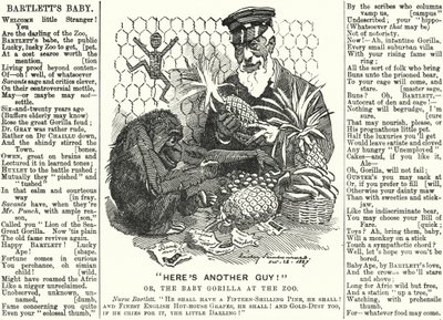 Caricatura de Punch: Abraham Dee Bartlett, superintendente del Zoológico de Londres, y un bebé gorila (grabado) de Edward Linley (after) Sambourne