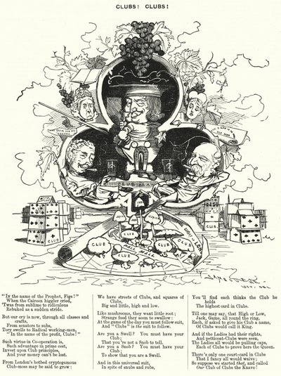 Caricatura de Punch: ¡Clubes! ¡Clubes! - la profusión de clubes de caballeros en Londres (grabado) de Edward Linley (after) Sambourne