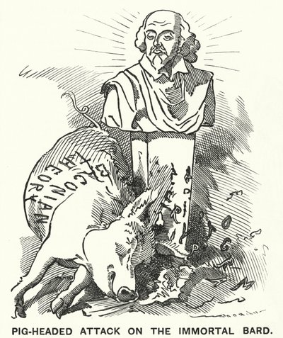 Caricatura de Punch: Ataque testarudo al Bardo Inmortal - la teoría de que las obras de William Shakespeare fueron escritas por Sir Francis Bacon (grabado) de Edward Linley (after) Sambourne