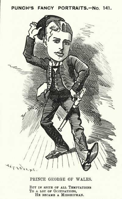 Caricatura de Punch: Príncipe Jorge de Gales, el futuro Rey Jorge V, como guardiamarina en la Marina Real (grabado) de Edward Linley (after) Sambourne
